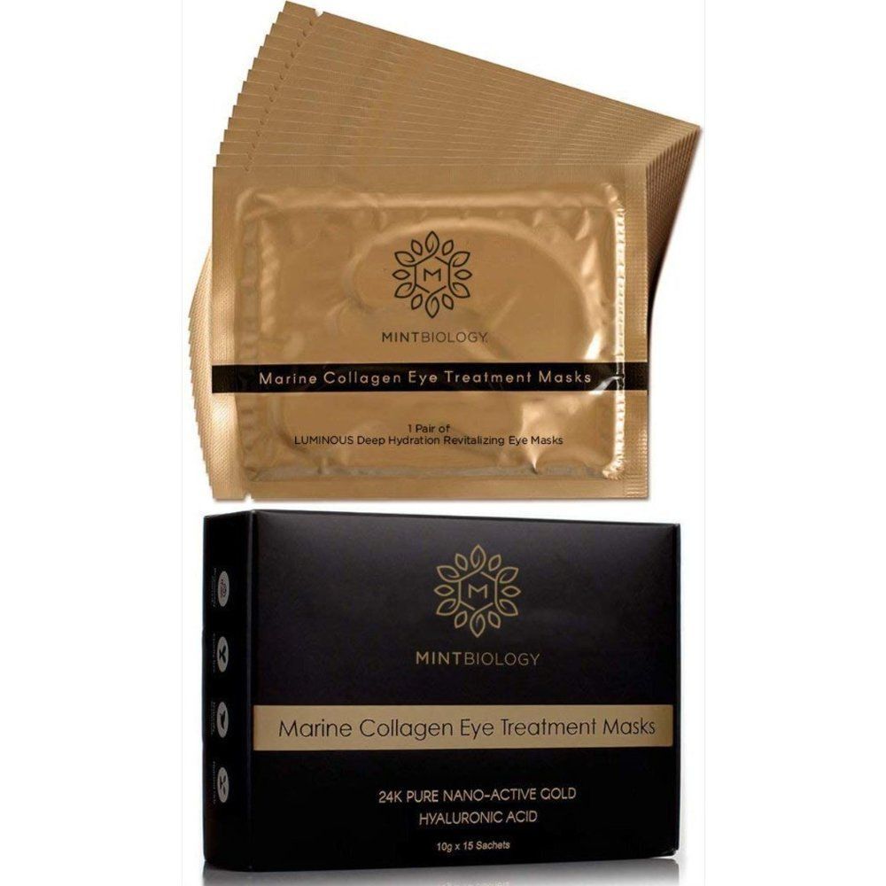 NIB Mintbiology 15-pk Seaweed Anti-Aging Marine Collagen 24k Gold Eye Masks